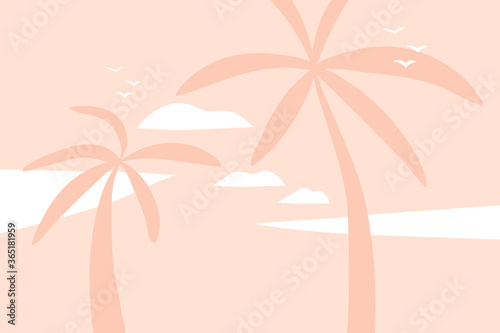 Hand drawn vector abstract stock flat graphic illustration with sundown view scene on the beach and palm trees isolated on pink pastel background