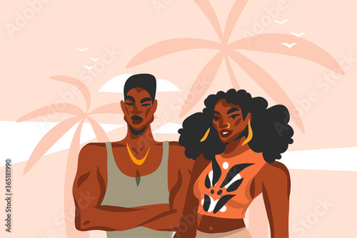 Hand drawn vector abstract stock flat graphic illustration with young ,happy black afro american beauty couple in fashion outfit on sundown view scene on the beach isolated on pink pastel background