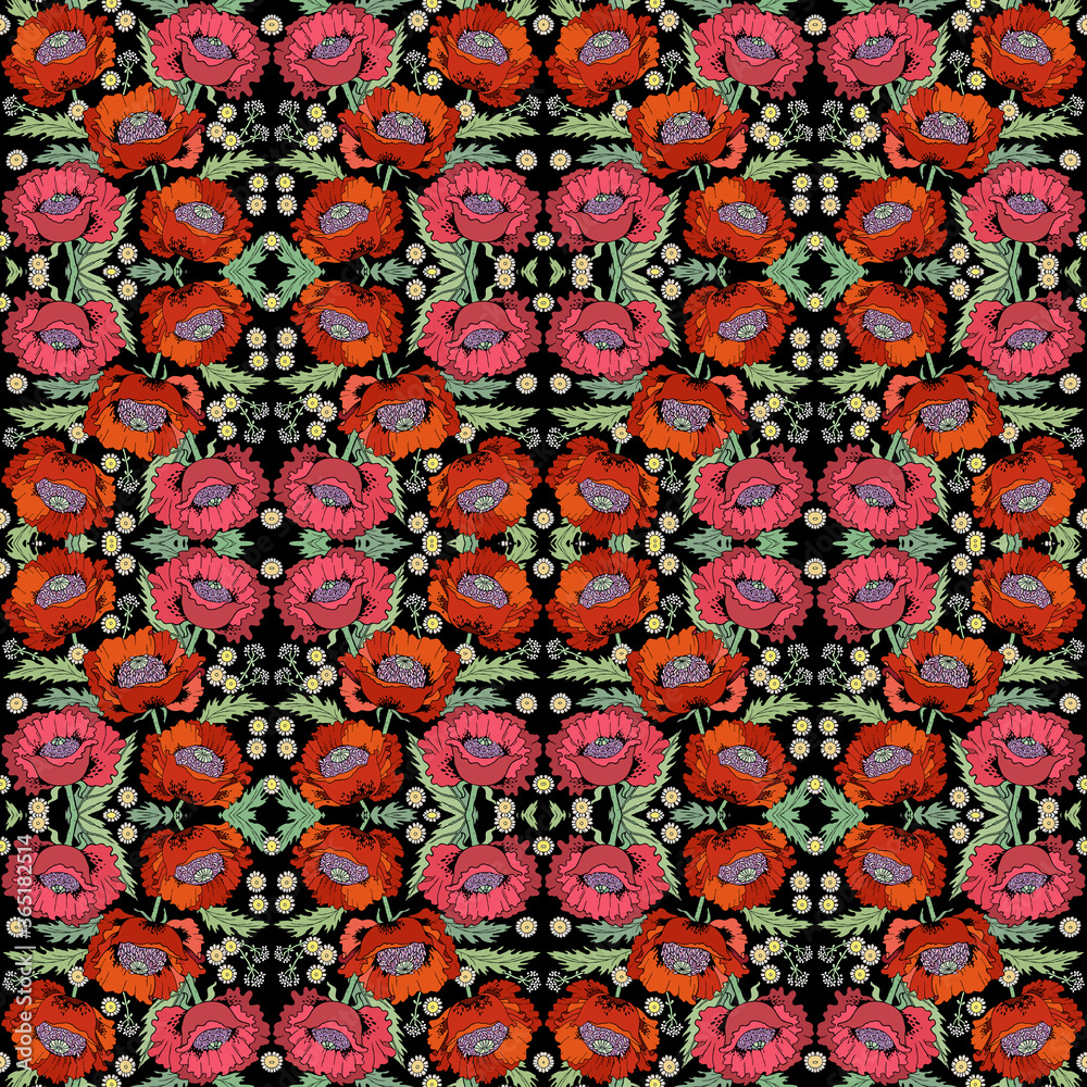 Poppies flowers vector hand drawn seamless pattern Poppies flowers vector hand drawn seamless pattern