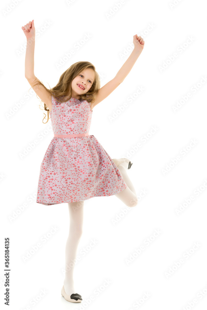 Beautiful Blonde Girl Happily Jumping with Raising Hands Beautiful Blonde Girl Happily Jumping with Raising Hands