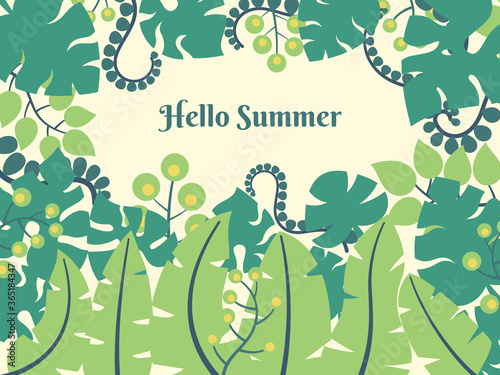 Hello Summer background design with tropical exotic leaves. Summer Holiday Concept.