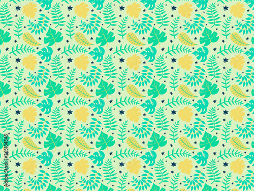 Vector seamless pattern background with tropical leaves. Trendy style.