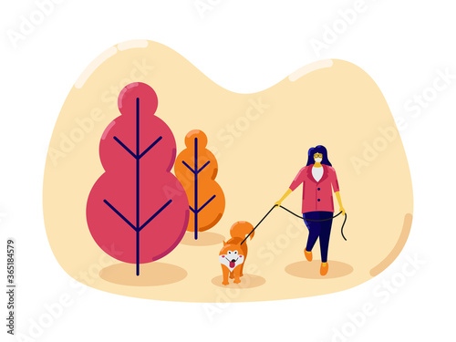 Young woman wearing face mask with her dog walking outside enjoying free time alone. illustration of new normal lifestyle.