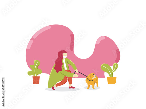 Young woman wearing face mask with her dog walking outside enjoying free time alone. illustration of new normal lifestyle.