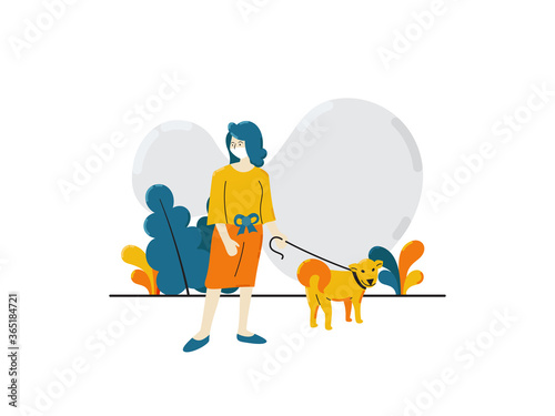 Young woman wearing face mask with her dog walking outside enjoying free time alone. illustration of new normal lifestyle.