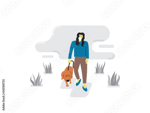 Young woman wearing face mask with her dog walking outside enjoying free time alone. illustration of new normal lifestyle.