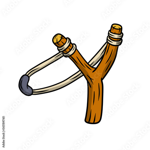 Slingshot. Children toy for throwing stones. Shooting and small rock. Cartoon drawn illustration isolated on white background. Wooden catapult