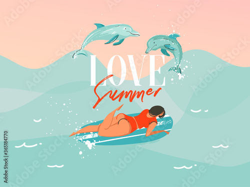 Hand drawn vector stock abstract graphic illustration with a swimsuit swimming surfing woman with a jumping dolphins isolated on blue ocean wave background