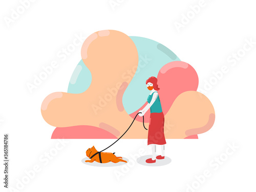 Young woman wearing face mask with her dog walking outside enjoying free time alone. illustration of new normal lifestyle.