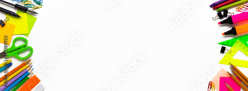 School colorful supplies border on white, flat lay, top view, back to school, copy space. Banner. Mockup