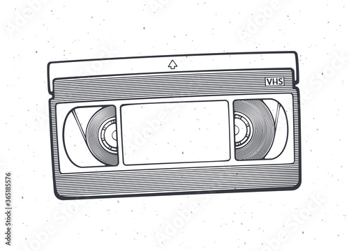 Outline of VHS cassette. Vector illustration. Video tape record system. Retro storage of analog information. Hand drawn black ink sketch, isolated on white background. Print for packaging, showcases