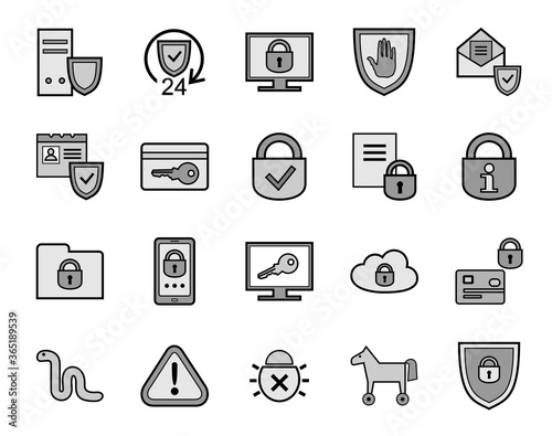 Personal data protection, icon set, gray. Gray images with a black outline. Vector.  