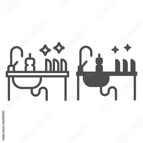 Kitchen sink with kitchenware line and solid icon, household concept, Washing dishes sign on white background, Dishwashing liquid bottle and clean plates on sink icon in outline. Vector graphics.