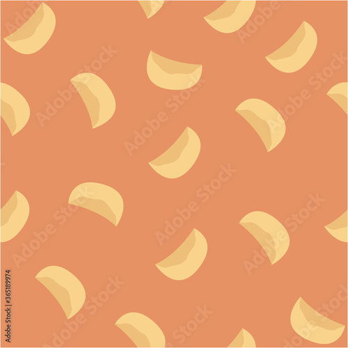 Seamless pattern of dumplings, varenyky, pelmeni, ravioli or momo, dim sum. Dumplings on orange background. Polish cuisine. Eastern european cuisine. Vector flat illustration of food in cartoon style.