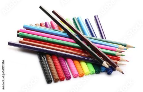 Colorful felt pens, markers and pencils isolated on white background