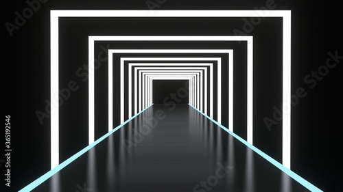 Abstract background glowing lines tunnel, neon lights, square portal, white color. 3D rendering image