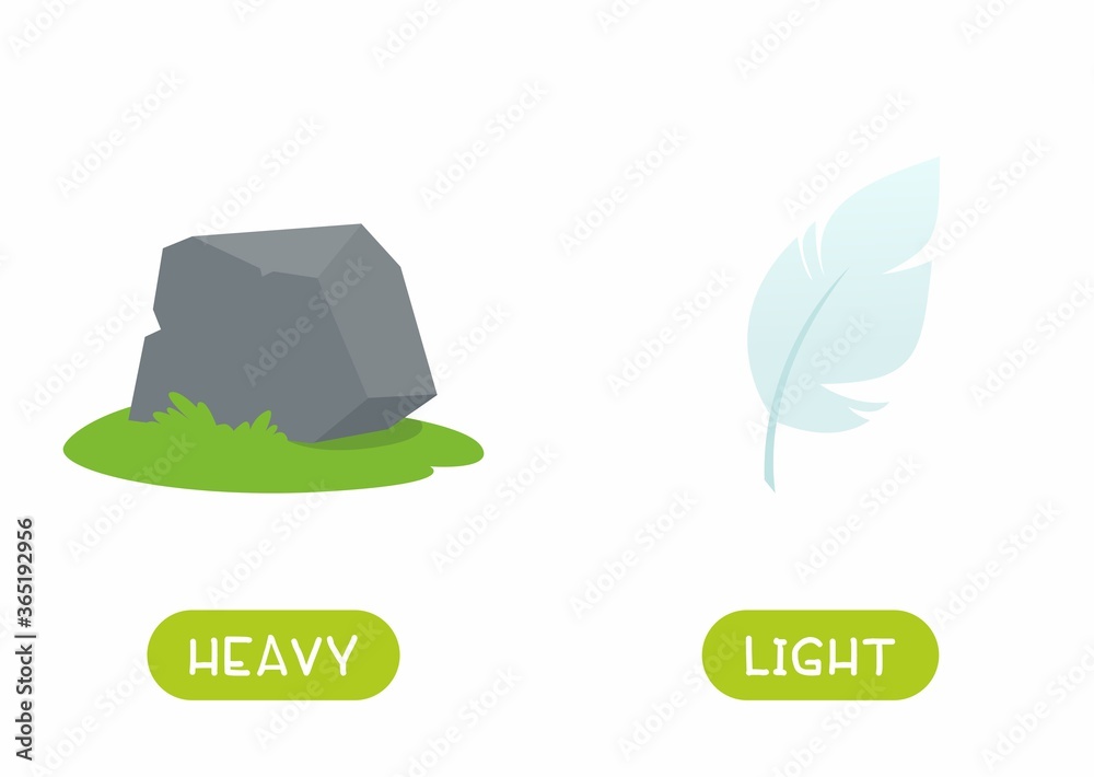 Antonyms concept, HEAVY and LIGHT. Educational flash card with stone and feather template. Word