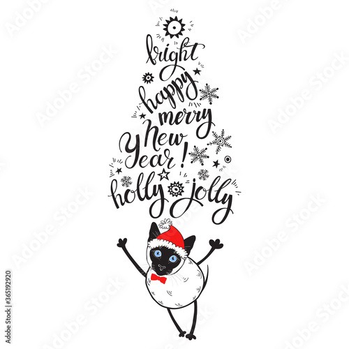New Year background with Siamese cat in Santa Claus costume and congratulations. Festive vector illustration with hand written calligraphic words on white background.