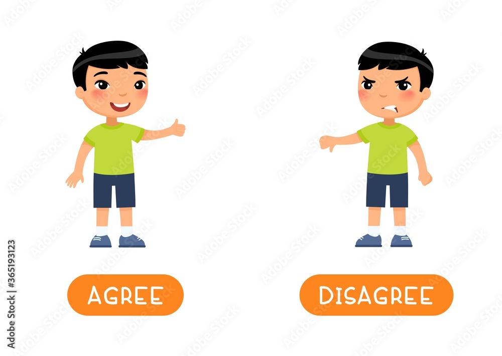 Educational word card with opposites. Antonyms concept, AGREE and DESAGREE. Flash card for English studying. Little asian boy showing thumbs up, thumb down. Flat vector illustration with typography Educational word card with opposites. Antonyms concept, AGREE and DESAGREE. Flash card for English studying. Little asian boy showing thumbs up, thumb down. Flat vector illustration with typography