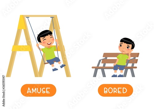 AMUSE and BORED antonyms word card vector template. Flashcard for english language learning. Opposites concept.  Happy little asian boy swinging on swing, unhappy child sitting on bench