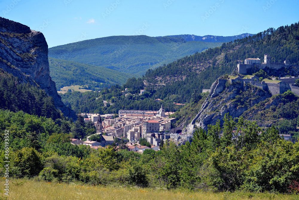 Aerial view of Sisteron in mountains, a commune in the Alpes-de-Haute-Provence department in the Provence-Alpes-Côte d'Azur region in southeastern France 