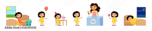 Birthday of little asian girl. Concept of children's holiday, pocket money. Joyful child receives gift, eats cake, buys sweets, holds balloon, sleeps happy. Cartoon characters set 