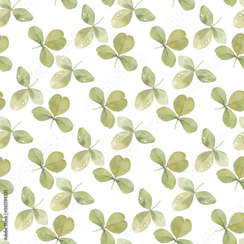 Clover leaves. Seamless watercolor pattern on white. Art floral background.