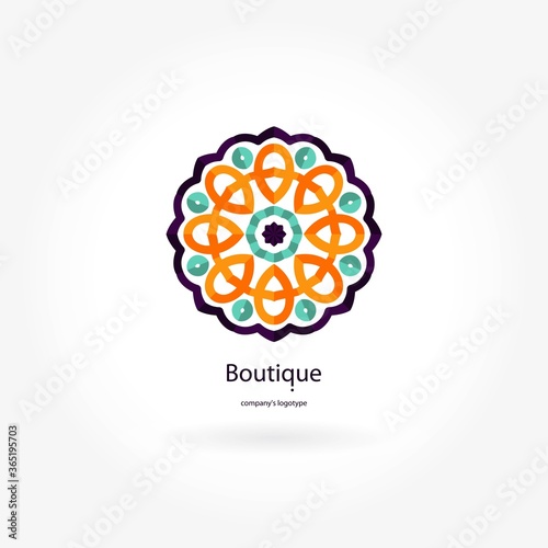 Bright and juicy beautiful circular logo for boutique, flower shop, business. Company mark, emblem, element. Simple geometric mandala logotype. Kaleidoscope big bud. Surround abstract blossom.