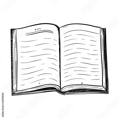 An open hardcover book.The sketch style. Symbol of study, education and literature. Black and white vector illustration. Outline. Hand drawn and isolated on a white background