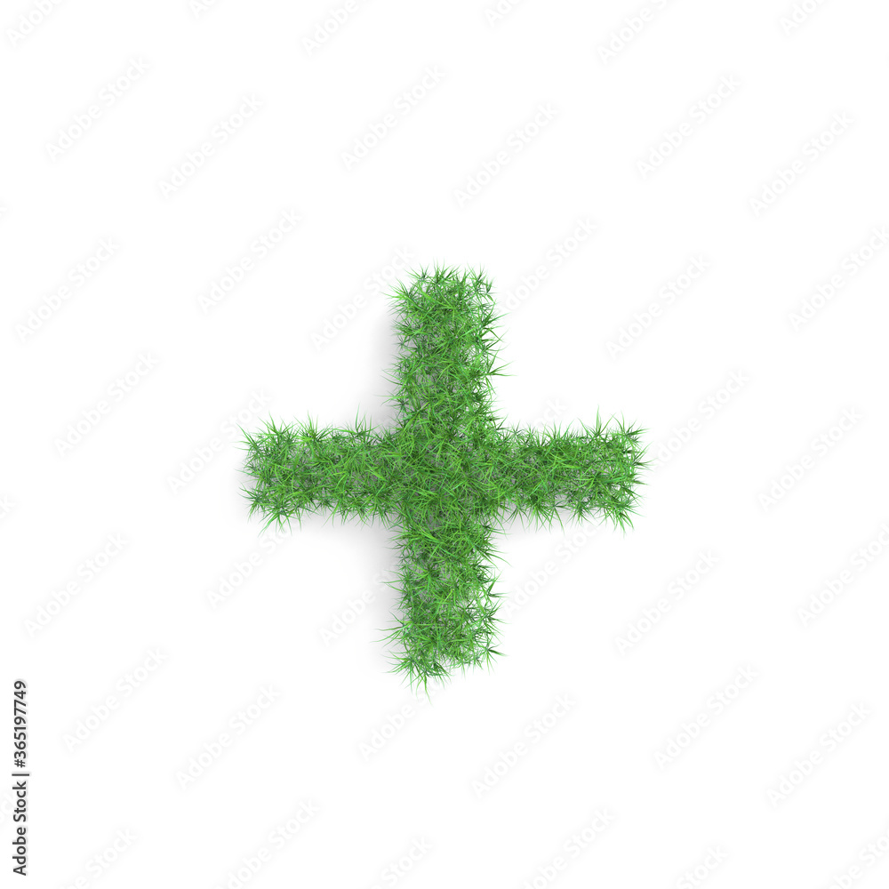 Obraz premium Plus sign made of green grass isolated on white background, part of the set. Sustainable technology or lifestyle related 3d rendering