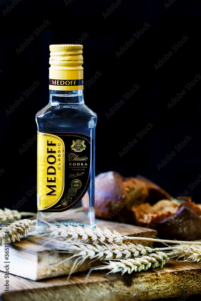 Kharkiv / Ukraine - 07.11 2020: "A bottle of Medoff vodka, ears of wheat,  bread. Stock Photo | Adobe Stock