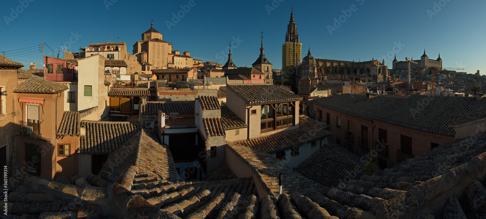 View of roofs in old town of Toledo at sunrise,Castile–La Mancha,Spain,Europe
