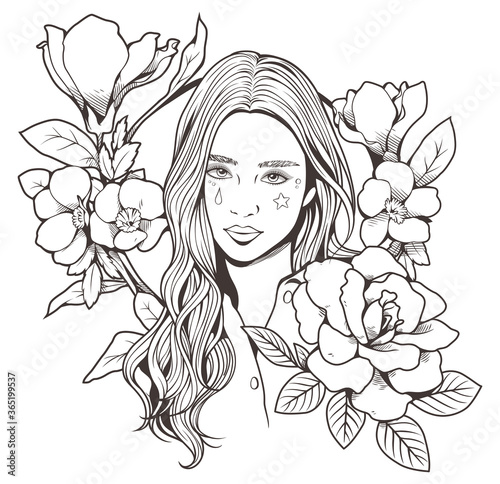 Doodle art of beautiful girl and flower isolated on white background, Black and white, Vector illustration, This design for publication, decoration, sticker, pattern, and more.