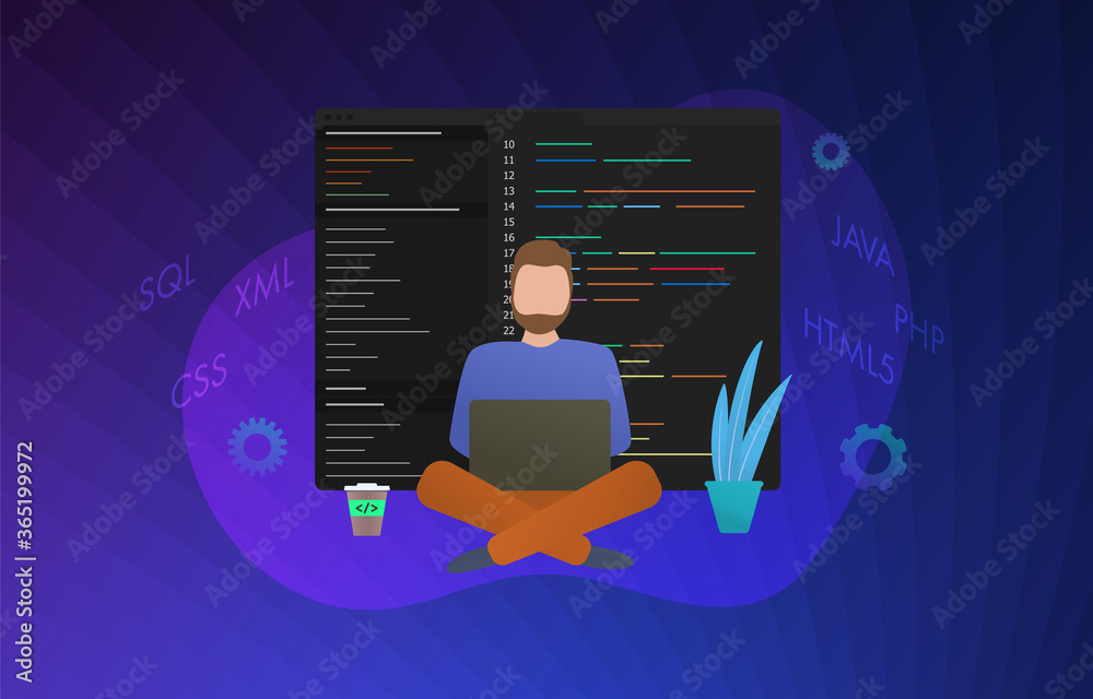 Web Development concept illustration. Software coding and programming data processing. Man works behind the laptop, software code is displayed on the screen. Sql, xml, css, java, php, html5 icon