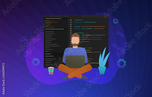 Web Development concept illustration. Software coding and programming data processing. Man works behind the laptop, software code is displayed on the screen. Sql, xml, css, java, php, html5 icon