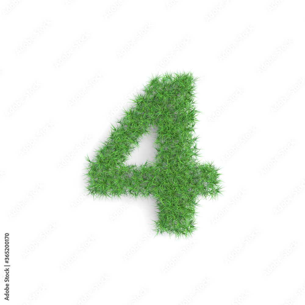 4 four number symbol made of green grass isolated on white background, part of the set. Sustainable technology or lifestyle related 3d rendering 4 four number symbol made of green grass isolated on white background, part of the set. Sustainable technology or lifestyle related 3d rendering