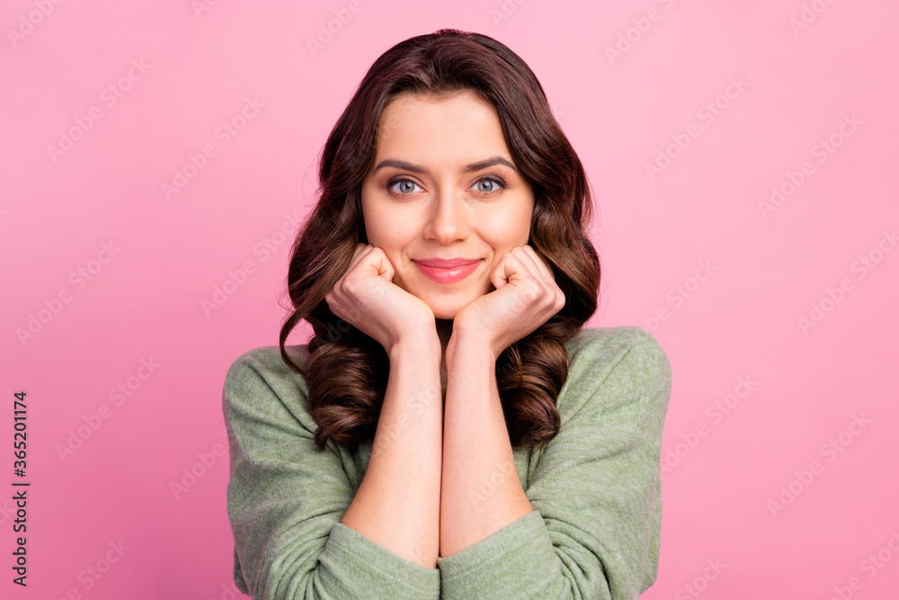 Portrait of sweet nice lovely girl enjoy admire feel thankful wear stylish trendy clothes isolated over pastel color background