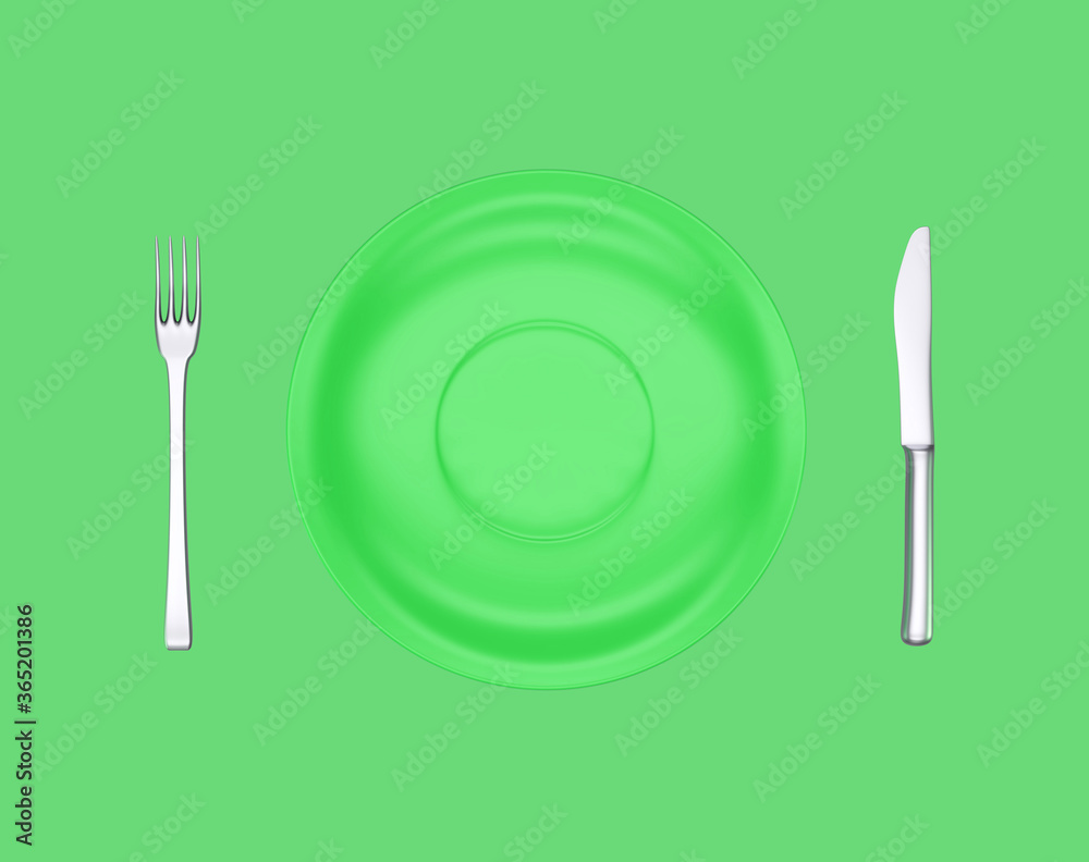 Green empty dinner plate, fork and knife on green background. Preparation for the holiday, table setting, view top. 3d render Green empty dinner plate, fork and knife on green background. Preparation for the holiday, table setting, view top. 3d render