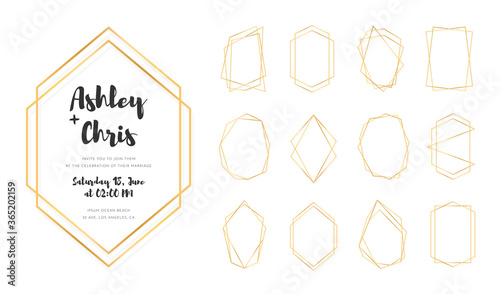 Set of golden geometric frames in art deco style. Luxury gold frames or borders for wedding invitations and wedding cards. Abstract geometric shapes