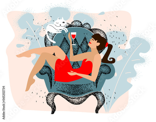 hedonism. girl in red dress is resting and drinking wine. Relax at home on the armchair, the hedonist enjoys and chilling. Flat handmade vector.