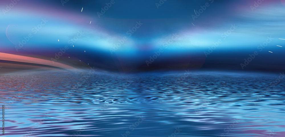 Abstract dark futuristic background. Neon rays of light are reflected from the water. Background of empty stage show, beach party. Neon futuristic dark background. 3d illustration