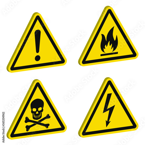 Caution signs: high voltage, flammable, deadly, other hazards. 3D signs isolated on white. Warn about possible danger at work. Vector illustration for articles about accidents.
