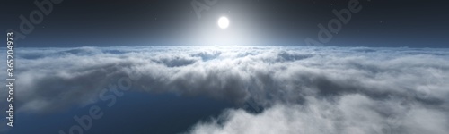 Moon above the clouds, flight at night above the clouds to the moon, 3D rendering
