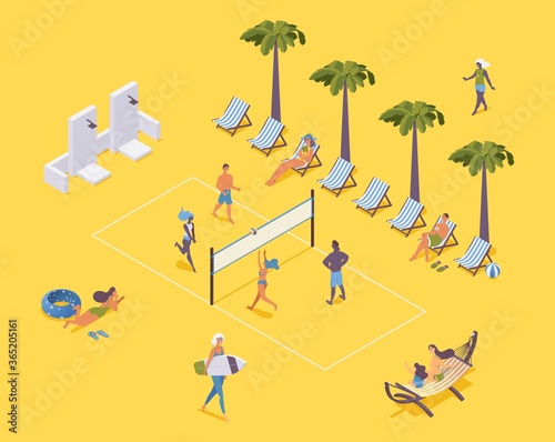 Isometric beach volleyball with players and spectators on sunbeds.