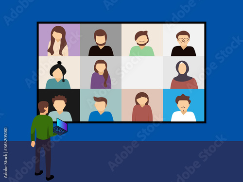 vector illustration of business video conference with bigger screen monitor, work from home concept design.