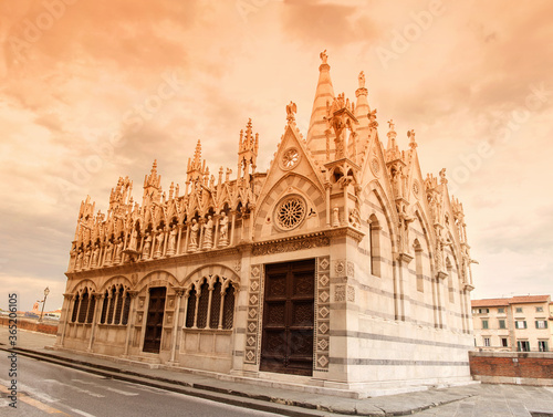 August 2017 - Italy - Pisa -sunset  Exterior of the Church of Santa Maria della Spina, in Pisan Gothic style located in Pisa on the left bank of the Arno, once housed the Sacra Spina
