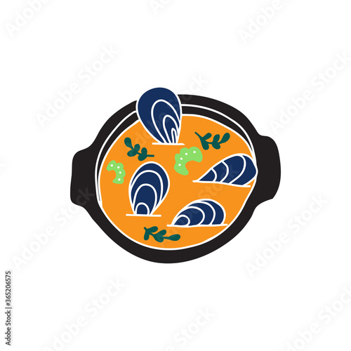 Mussels in white wine sauce, classic belgian cuisine. Sea food cartoon vector illustration.