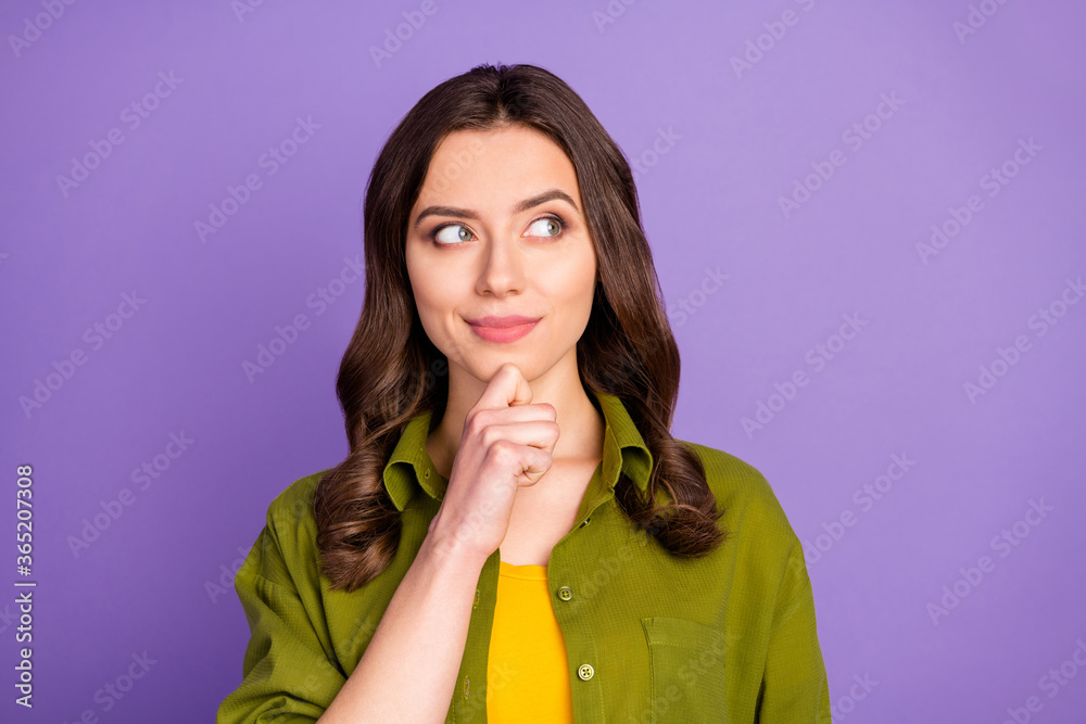 Portrait of minded lovely girl touch chin hands look copyspace think thoughts plan future weekends wear casual style cool outfit isolated over purple color background Portrait of minded lovely girl touch chin hands look copyspace think thoughts plan future weekends wear casual style cool outfit isolated over purple color background