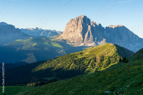 Amazing view from Seceda peak. Trentino Alto Adige  Dolomites Alps  South Tyrol  Italy  Europe. Picturesque panoramic view on Odle - Geisler mountain group  Seceda and Seiser Alm  Alpe di Siusi 