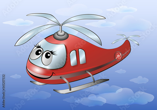 Red cartoon helicopter with muzzle in the sky. Vector illustration.